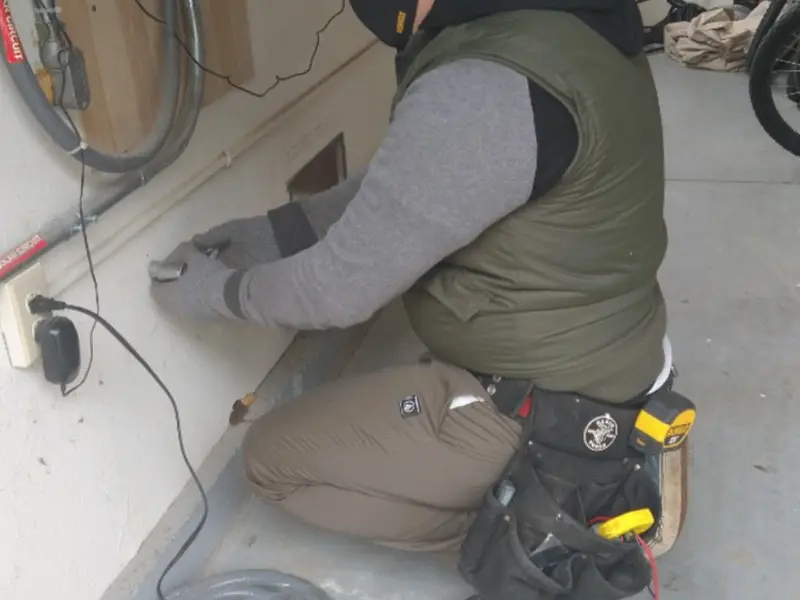 Electrician performing outlet wiring in a Pacific Grove garage